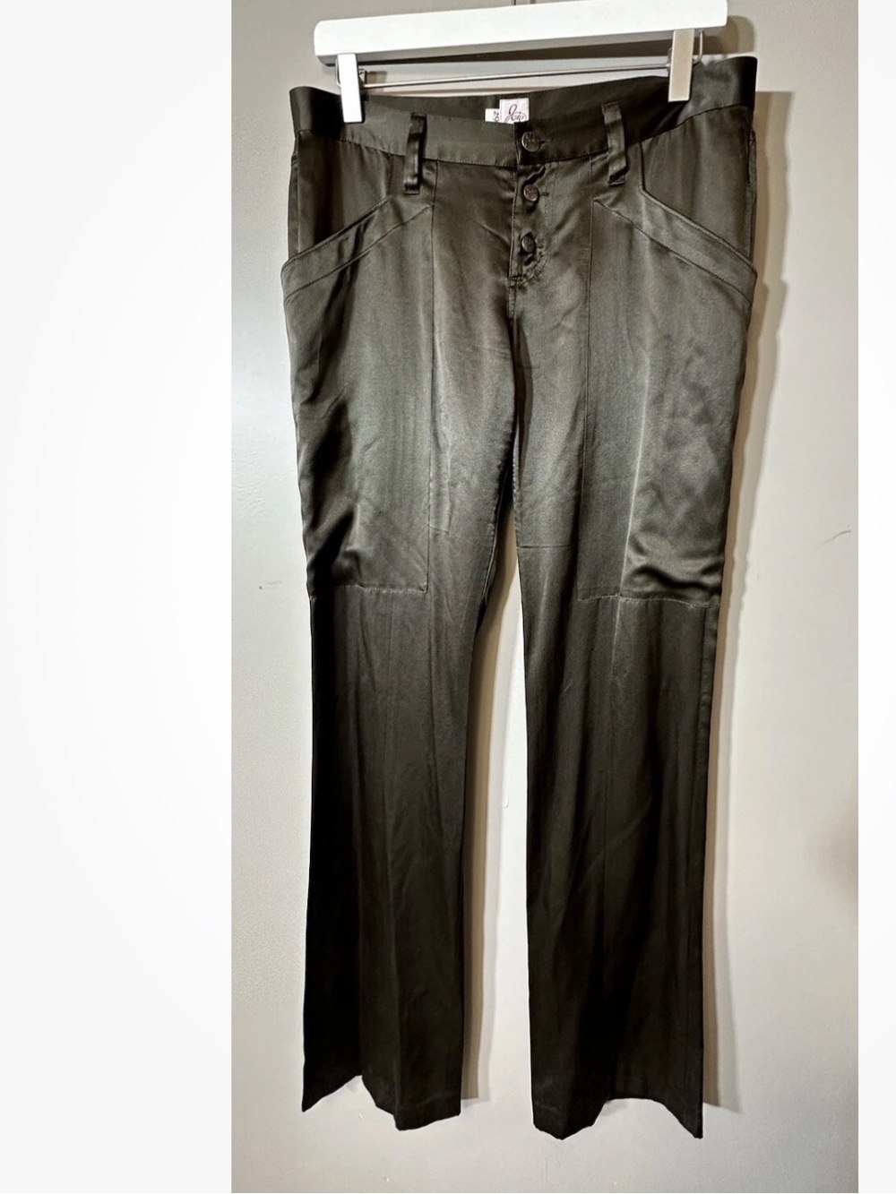 Y2K Joie Womens Silk Button Fly Straight Leg Pants Green 32 Vintage Grunge Satin
